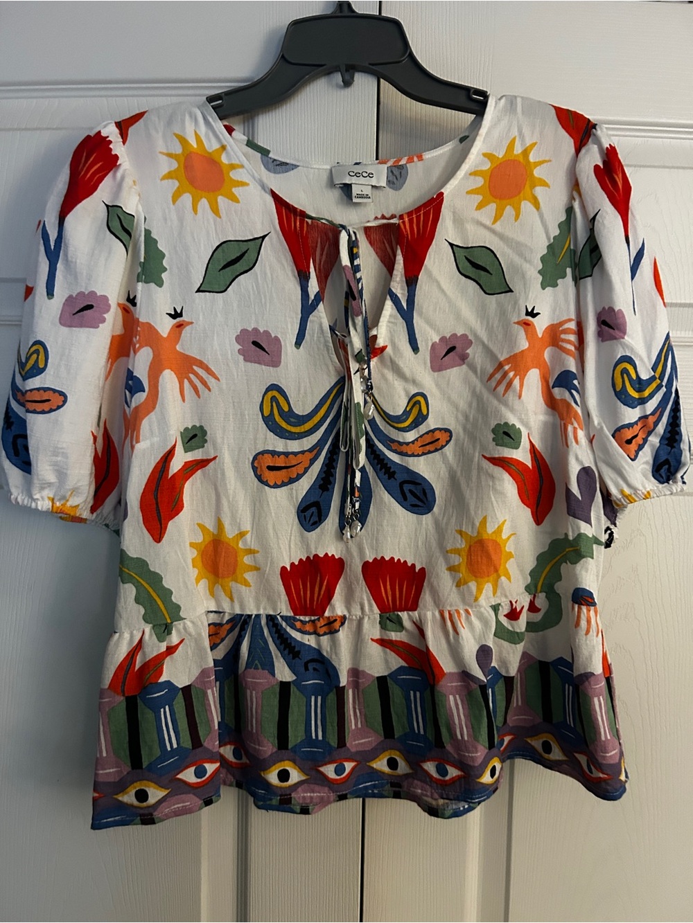 CeCe White Multicolor Boho Peasant Tunic with Sun & Floral Motifs